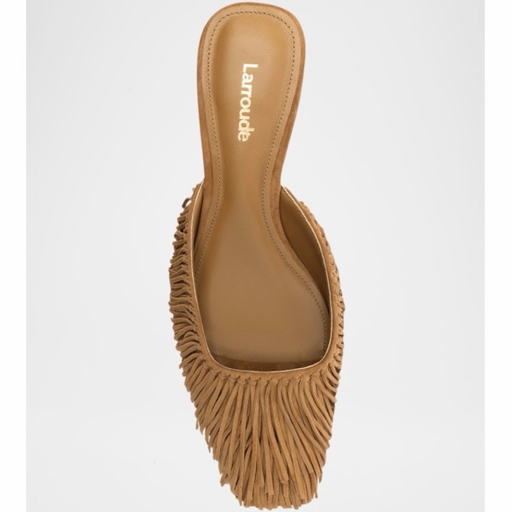 Larroude Tan Suede Fringed Kitten Heel Mule - Picture 3 of 16